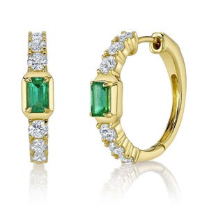 Emerald and Diamond Hoop Earrings 14K Yellow Gold Certified Natural 1.54 CTW, Emerald Hoop Earrings