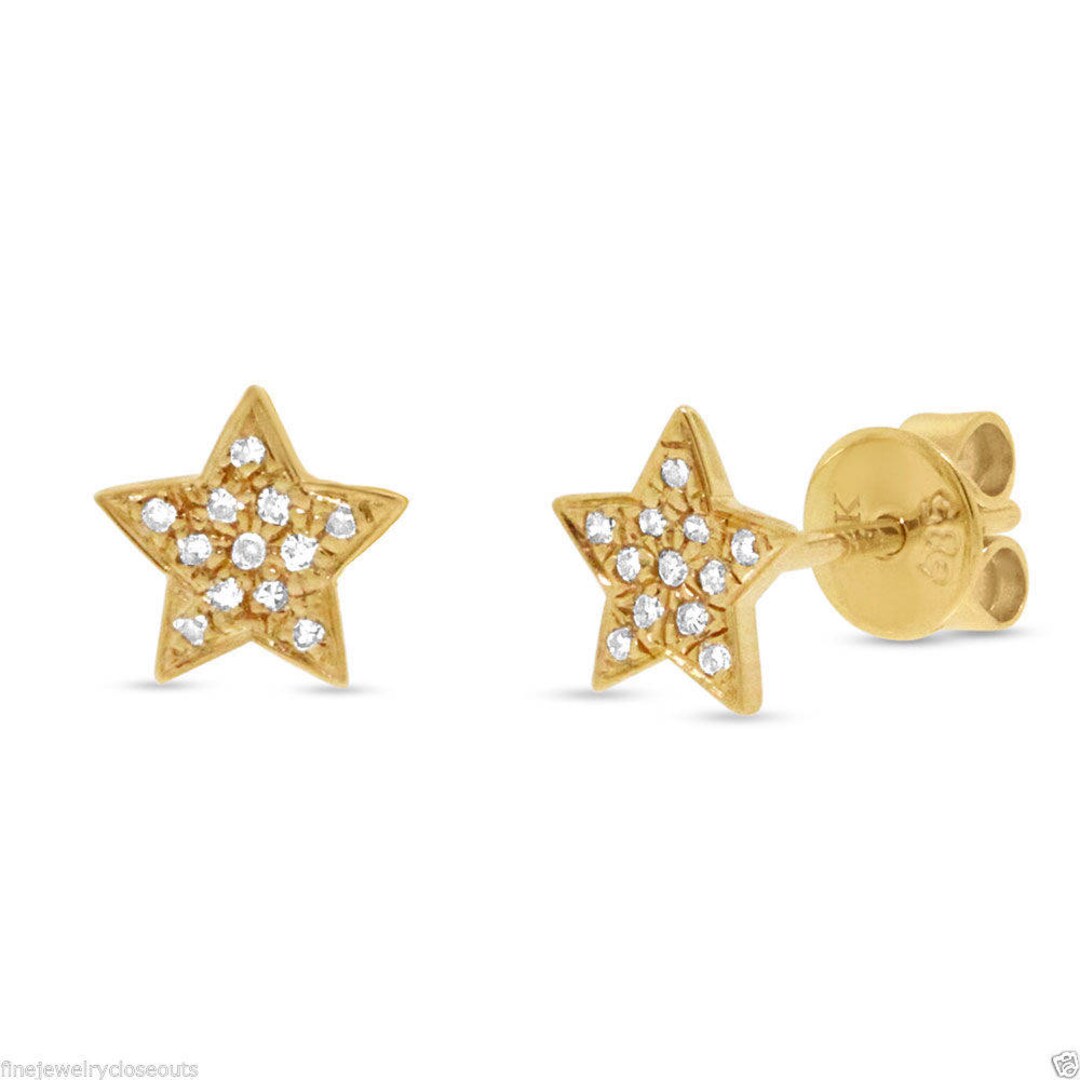 Dainty Solid Gold Star Stud Earring, 0.06 CT 14K Yellow Gold Round Cut