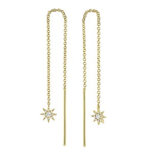 Diamond Threader Chain Star Earrings 14K Gold, Yellow White Rose Certified Natural Gift For Her Drops 0.10 CT