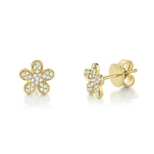 14K Gold Diamond Flower Stud Earrings Natural 0.16 CT Gift For Her Childrens Kids Adults Daisy Floral