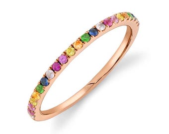 Anello arcobaleno con pietre preziose multicolori, fascia in oro rosa 14 carati, impilabile, certificato naturale, 0,30 carati, rubino, zaffiro, citrino, granato, ametista