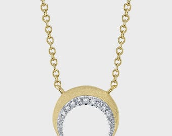 Diamond Crescent Moon Pendant Necklace 14K Yellow Gold Matte Natural