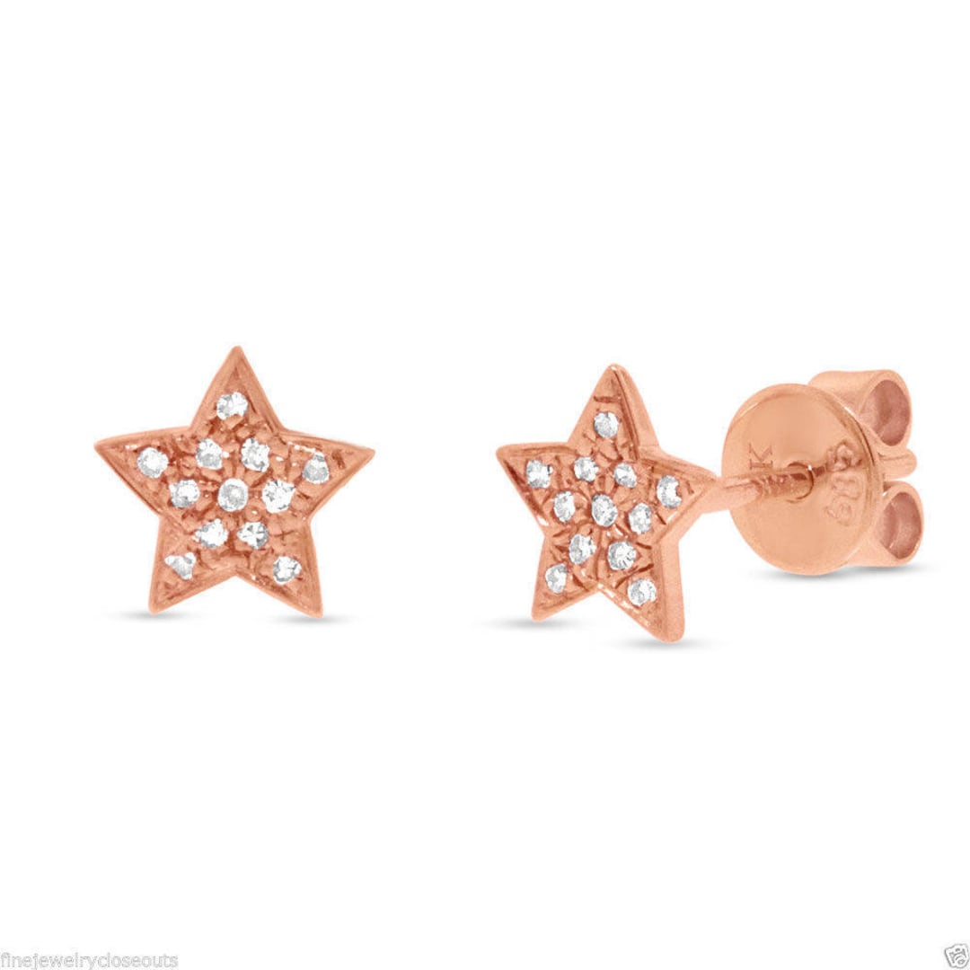 Dainty Solid Gold Star Stud Earring, 0.06 CT 14K Rose Gold Round Cut