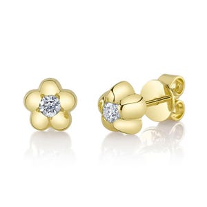 14K Yellow Gold Diamond Flower Stud Earrings Natural 0.18 CT