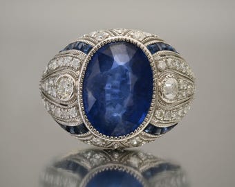Art Deco Style Oval Sapphire Diamond Platinum Ring GIA Certified 6.97CTW Natural