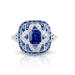 Art Deco Emerald Cut Blue Sapphire Diamond Platinum Ring 2.72 TCW Certified Natural Handmade One Of A Kind