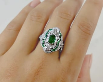 Handmade Art Deco Emerald Platinum Diamond Ring, One Of A Kind
