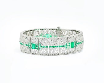 Art Deco Emerald And Diamond Platinum Bracelet 8.14 CTW Certified Natural Handmade Gift For Her Antique Estate Inspired One Of A Kind