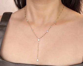 Diamond Mother of Pearl 14K Gold Lariat Necklace, Y Drop Pendant, Natural