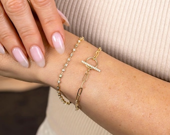 14K Gold Diamond Paper Clip Link Toggle Bracelet, Yellow White