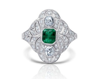 Art Deco Platinum Emerald Ring, Handmade Diamond Accent, GGA Certified
