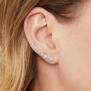 Brincos de ouro branco 14K com diamantes e trepadeira, naturais, 0,24 CT, certificado, presente para ela