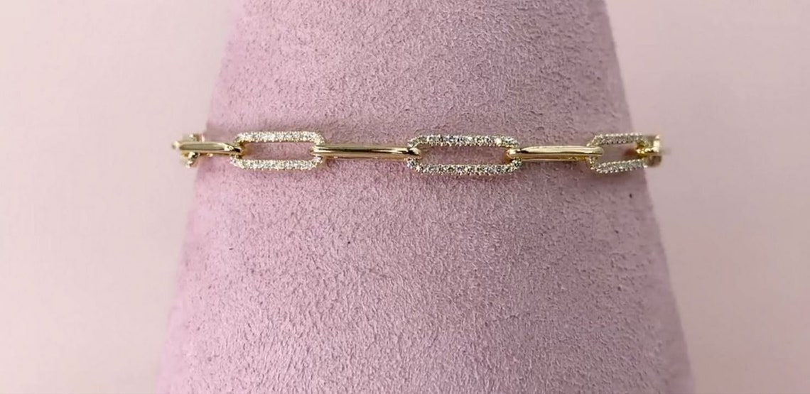 Diamond Paper Clip Link Bracelet 14K Yellow Gold 0.74CT Round Etsy Israel