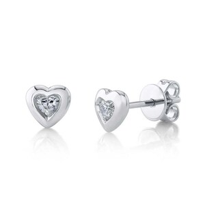 Heart Diamond Stud Earrings 14K White Gold 0.16CT Bezel Set Natural Love Dainty Romantic Friendship Birthday Gift For Her Valentines Day