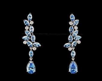 Lab Created Fancy Blue White Diamond Earrings 14K Yellow Gold, Pear Marquise Round