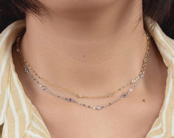 Diamond Blue Sapphire By The Yard Station Necklace 14K White Gold Natural