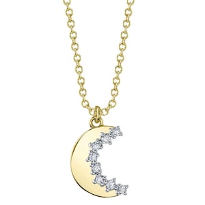 14K Yellow Gold Diamond Crescent Moon Pendant Necklace Certified Natural 0.07 CT