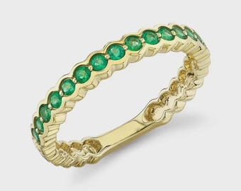 14K Yellow Gold Emerald Ring Band Round Cut 0.32 CT Natural