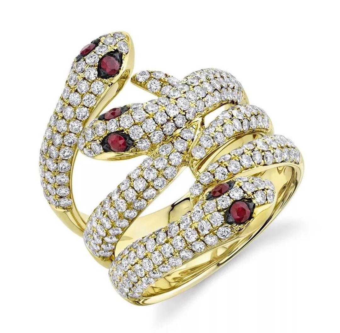Ruby Diamond Snake Ring 14K Yellow Gold Certified Natural 2.39 CTW, 3 ...