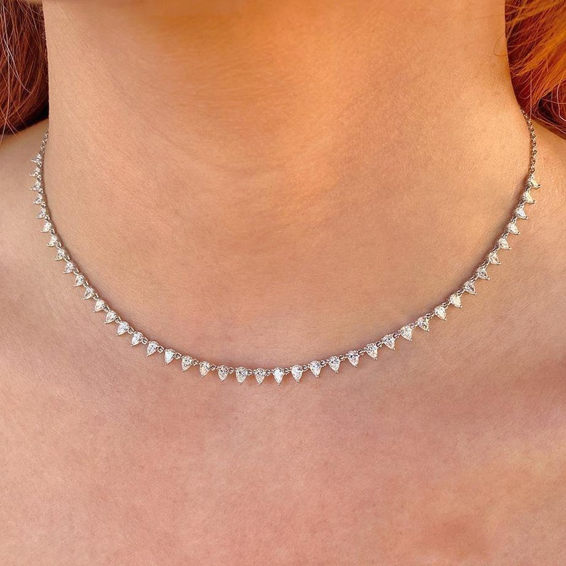 Pear Cut Diamond Tennis Necklace 14K White Gold Station Collar Etsy India