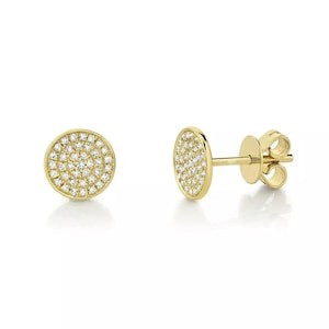 Diamond Pave Disc Stud Earrings 14K Yellow Gold Natural 0.16 CT Circle Disk Earrings