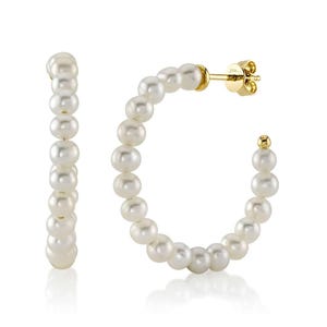 14K Yellow Gold Cultured Pearl Hoop Earrings Gift For Her