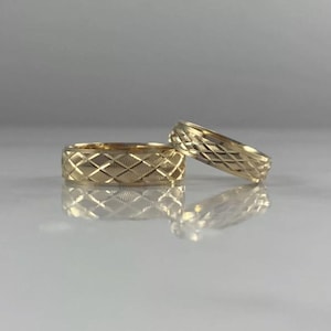 14K Solid Yellow Gold Unisex Matching Wedding Band Ring Set His Hers Mens Womens Engagement Anniversary Diamond Pattern, 2 Piece Ring Set