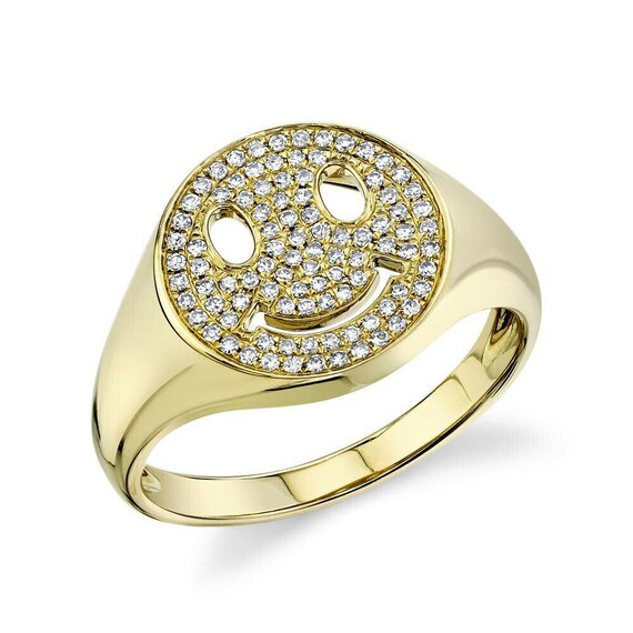 Smiley Happy Face Diamond Ring 14K Yellow Gold Natural Round Cut
