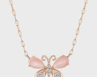 Butterfly Pink Mother Of Pearl And Diamond Necklace 14K Rose Gold, 1.35 CTW, Yellow White