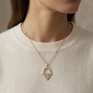 14K Yellow Gold Diamond Hamsa Necklace, 0.35 CT Natural Certified