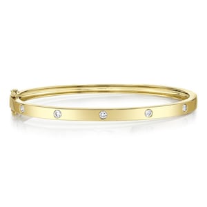 Bezel Set Diamond Bangle Bracelet 14K Yellow Gold Round Cut Certified Natural Size 17 Small 17CM 6.5" 0.38CT Gift For Her Conflict Free