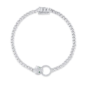 Diamond And Emerald Panther Link Bracelet 14K White Gold Certified Natural 0.19 CTW Gift For Her