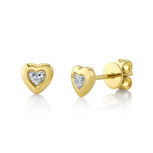 Heart Cut Diamond Stud Earrings 14K Yellow Gold .16CT Bezel Set Natural Love Dainty Romantic Friendship Birthday Gift For Her Valentines Day