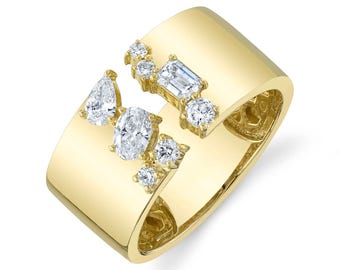 Diamond Open Space Split Ring 14K Yellow Gold, Emerald Pear Oval Round Cut