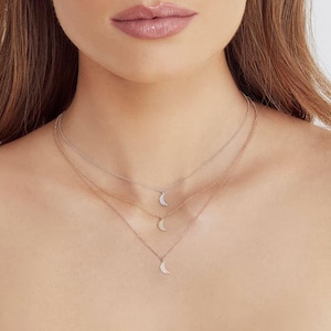 14K Gold Diamond Crescent Moon Pendant Necklace Certified Natural 0.06 CT, White Yellow or Rose Gold
