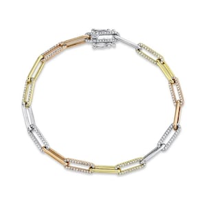 14K Tri Color Gold Diamond Paperclip Bracelet Oval Link Certified Natural 0.74 CT, 14K Multi Tone Gold Bracelet White Yellow Rose Paper Clip