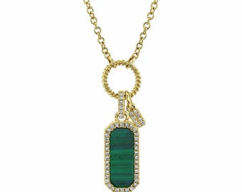 Malachite Diamond 14K Yellow Gold Necklace Dog Tag Bar Pendant Certified Natural 1.16 CTW Gift For Her Adjustable Unique