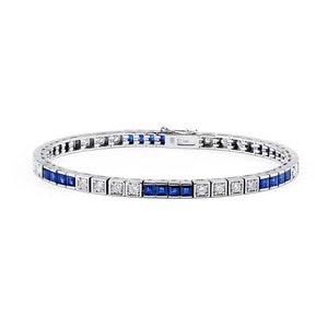 Diamond Sapphire Tennis Bracelet 18K White Gold Art Deco Handmade Certified Natural 5.80 CTW Antique Estate Inspired princess Round Cut
