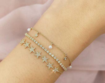 Pearl Diamond Bolo Bracelet 14K Yellow Gold Shaker Bezel Set Dangling Adjustable