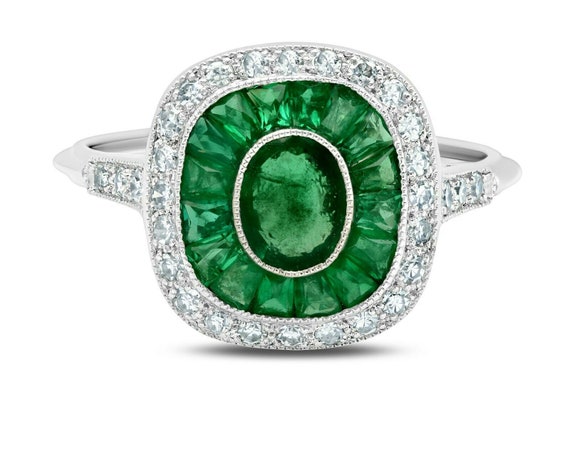 Emerald and Diamond Platinum Ring Art Deco Antique Finish Oval | Etsy