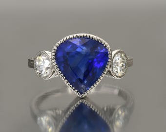 Art Deco Style Pear Sapphire Diamond Platinum Ring GIA Certified 4.74CTW Natural