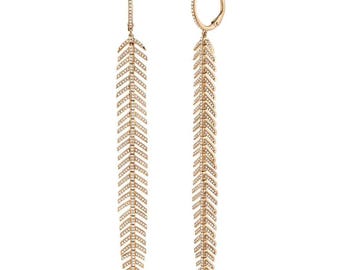 Diamond Feather Earrings 14K Rose Gold Certified Natural 1.42 CT Drop Dangling Long 3.70 Inch Gift For Her