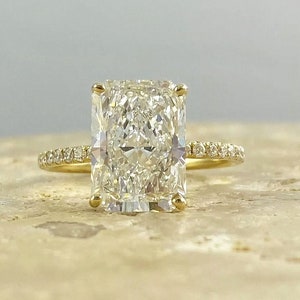 4.21 CTW Radiant Cut Cut Lab Grown Diamond Engagement Ring 14K Yellow Gold Hidden Halo IGI Certified Gift For Her