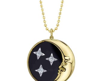 Collana con ciondolo a forma di mezzaluna in onice nero e diamanti, catena con perline sfaccettate in oro giallo massiccio 14 carati, certificato naturale, 7,94 ct, regalo unico