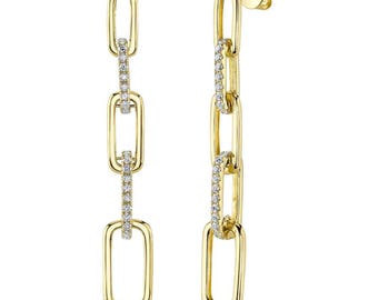 14K Yellow Gold Diamond Paperclip Link Earrings Natural 0.64 CT Paper Clip Oval Link Drop Dangles