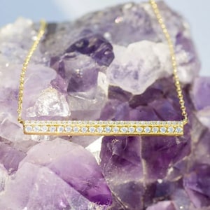 14K Yellow Gold Diamond Bar Pendant Necklace Natural 0.34 CT Round Cut Certified Adjustable Gift For Her