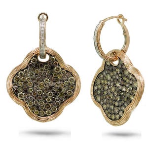 Diamond Clover Earrings Champagne And White 14K Rose Gold Rustic Vintage Inspired Certified Natural 4.86 CT
