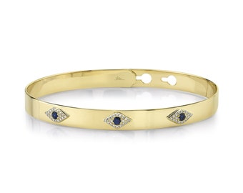 Evil Eye Diamond Sapphire Bangle Bracelet 14K Yellow Gold Latch Lock Adjustable 0.28TCW Natural Pave Set Gift for Her
