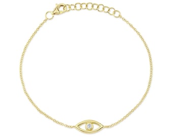 Diamond Evil Eye Bracelet 14K Yellow Gold Certified Natural 0.04 CT Gift For Her All Seeing Eye