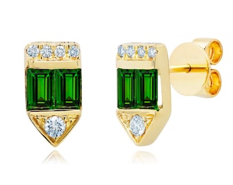 Natural Tourmaline Diamond Earrings, 0.53ct 14k Yellow Gold Emerald Cut Green Tourmaline & Diamond Gonfalon Earrings, Gift, Gift for Her